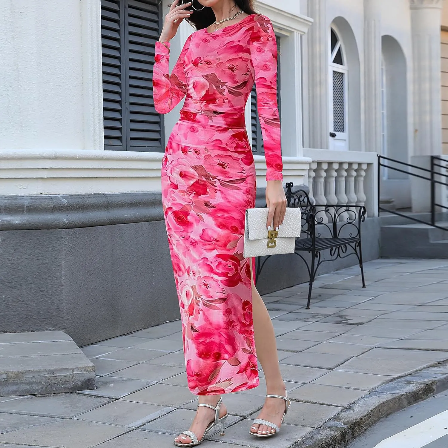 Women's Long Sleeve Maxi Dress Fall Fashion Floral Bodycon Mesh Ruched Long Dress Party Cocktail Wedding Guest Formal Dresses