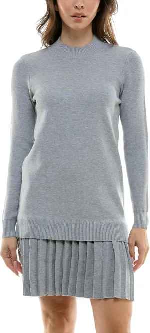 Women's Long Sleeve Mock Neck Tunic Sweater Dress with Pleated Skirt