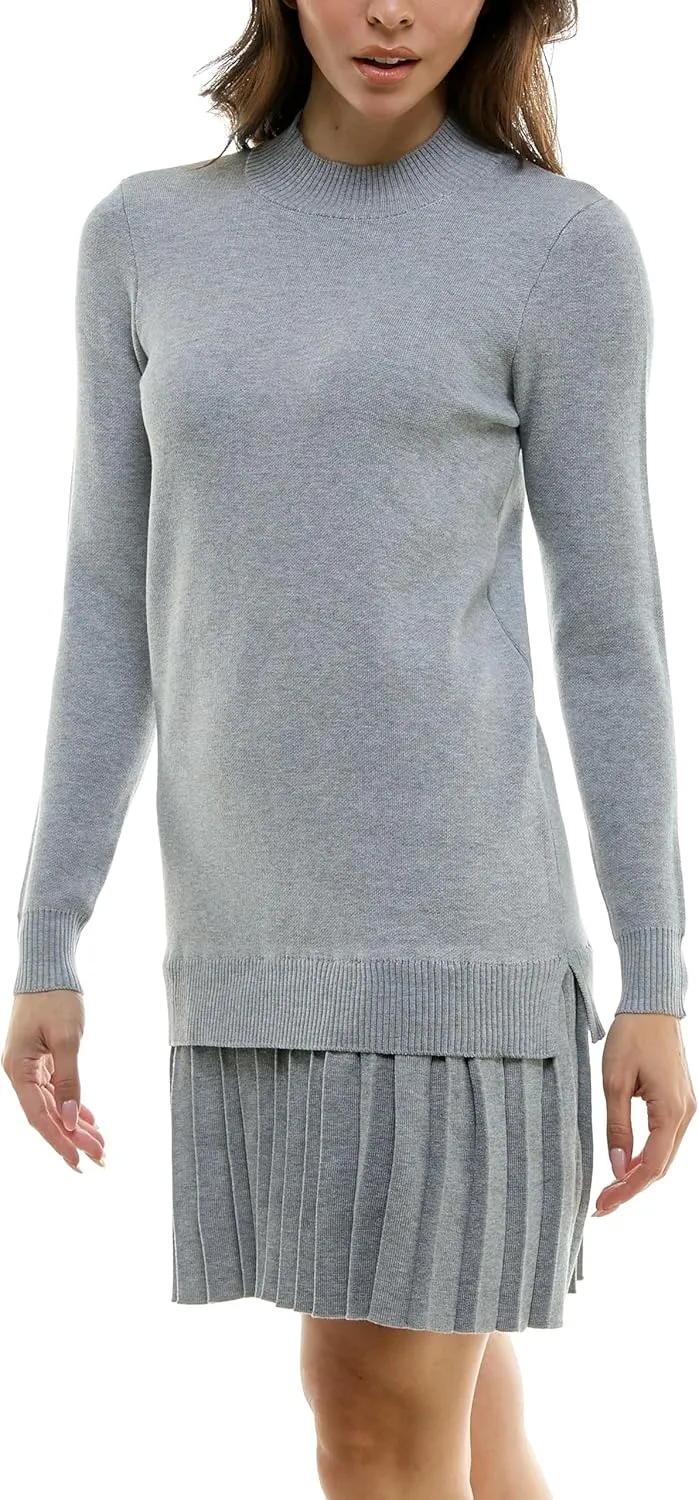 Women's Long Sleeve Mock Neck Tunic Sweater Dress with Pleated Skirt