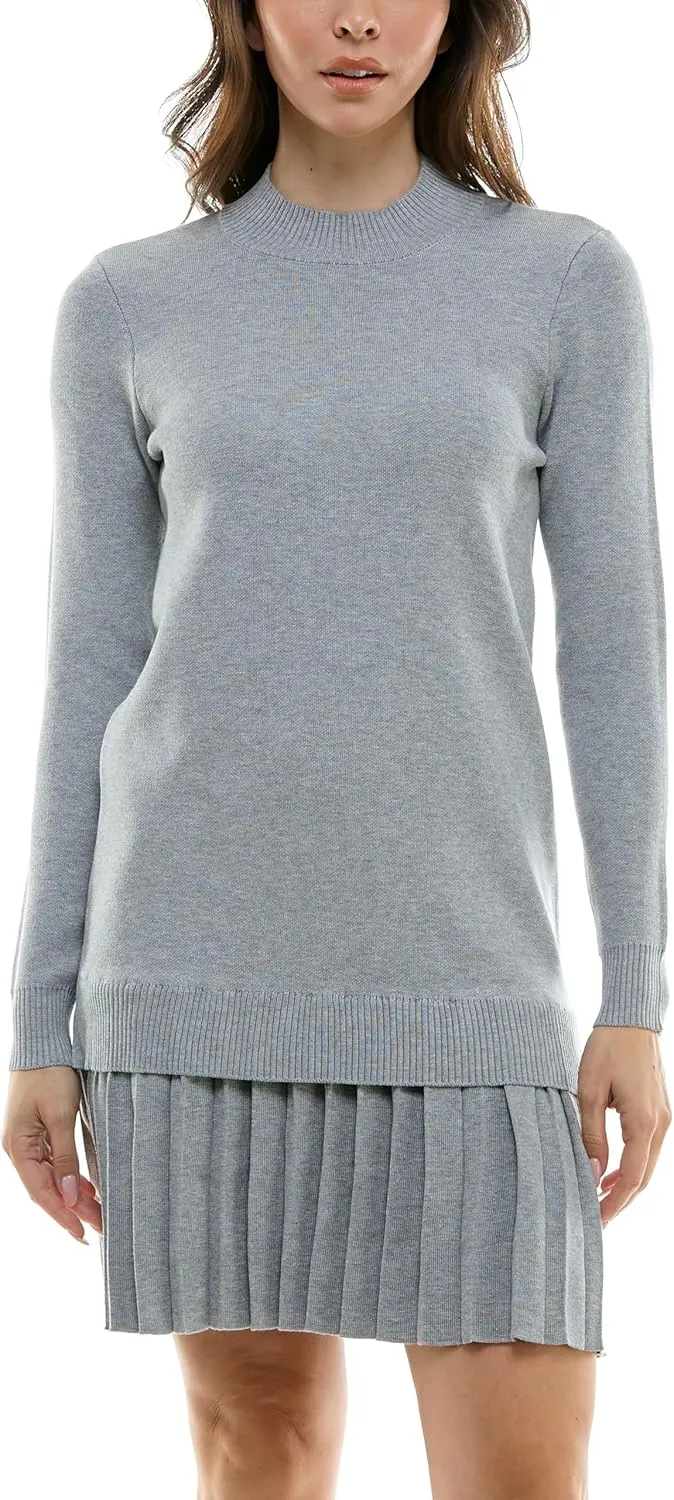 Women's Long Sleeve Mock Neck Tunic Sweater Dress with Pleated Skirt
