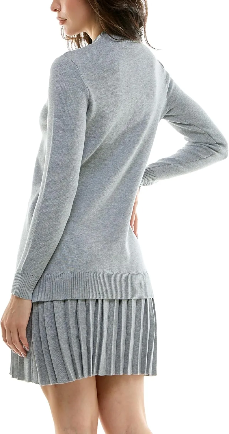Women's Long Sleeve Mock Neck Tunic Sweater Dress with Pleated Skirt