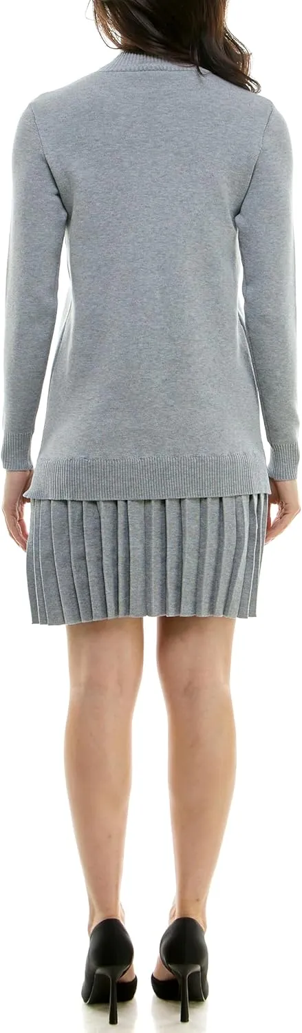 Women's Long Sleeve Mock Neck Tunic Sweater Dress with Pleated Skirt